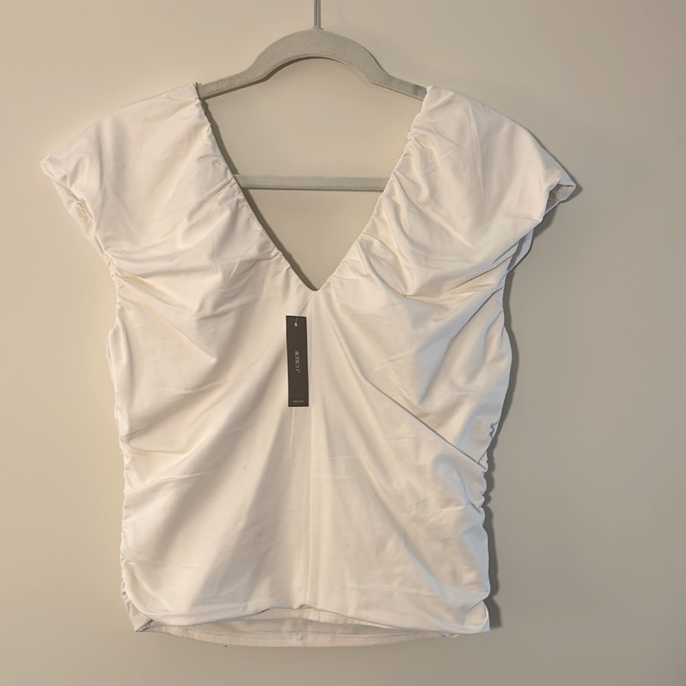 J. Crew V-neck Ruched Top Stretch Cotton Blend in Ivory, NWT Women's Sz L